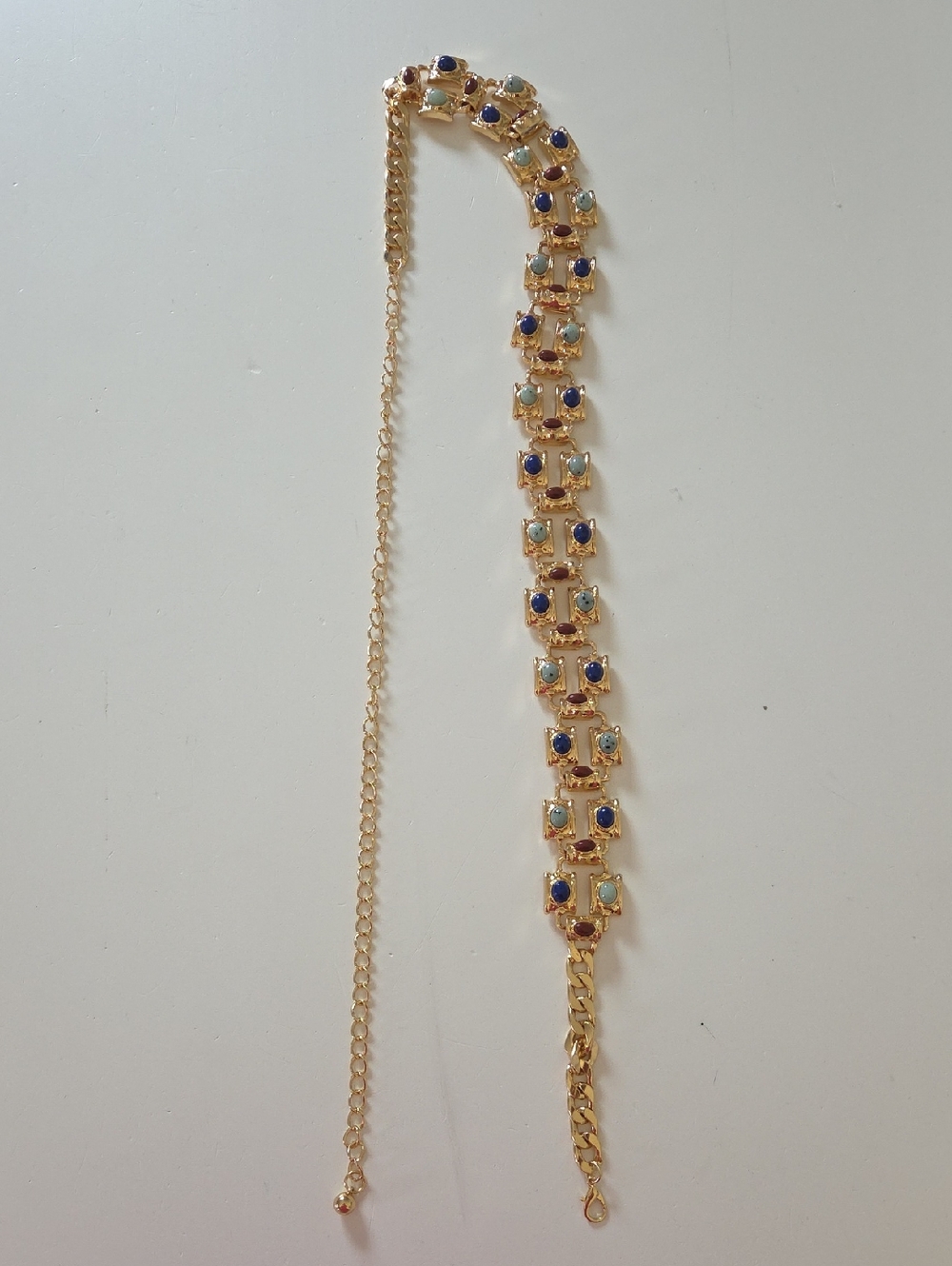 Gold-Tone Multi-Stone Chain Belt with Blue and Light Green Accents